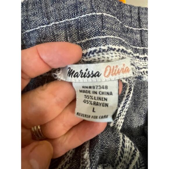 Marissa Olivia Womens Blue White Wide Leg Linen Blend Pants Large - Picture 2 of 7